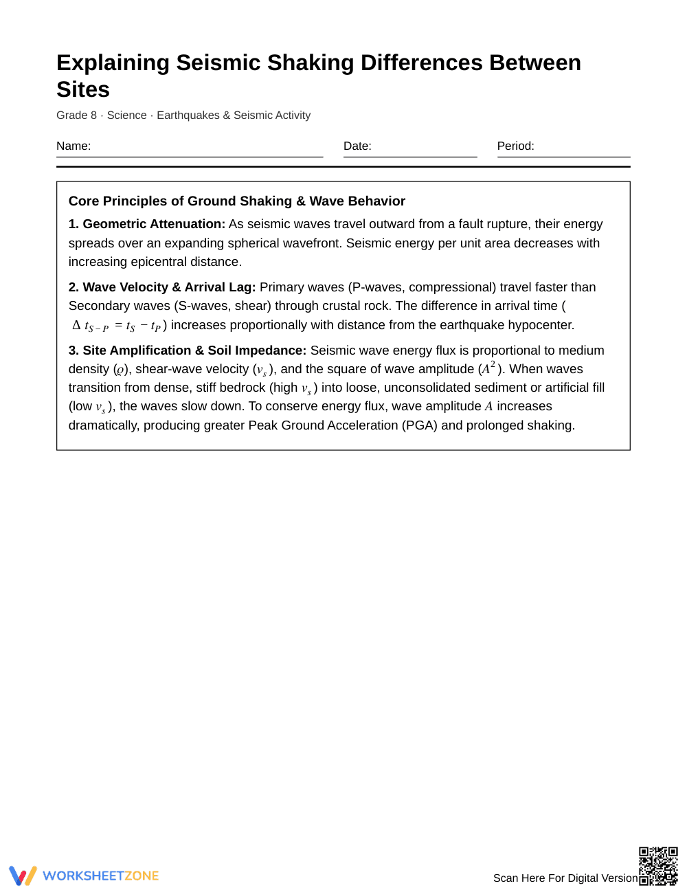 Complete Seismic Shaking Differences Worksheet | Grade 8 - Page 1