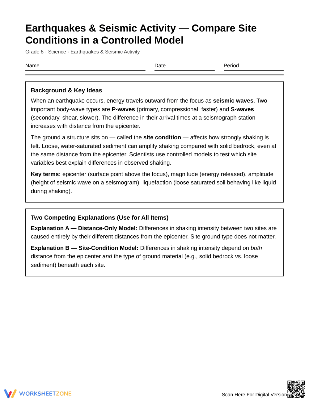 Complete Site Condition Models Worksheet | Grade 8 Science - Page 1