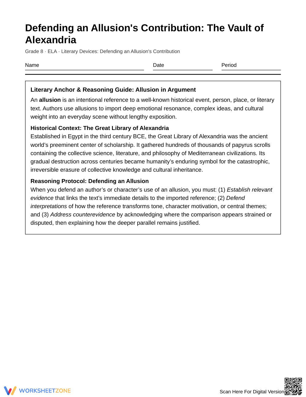 Complete Defending Allusions Worksheet | Grade 8 ELA - Page 1