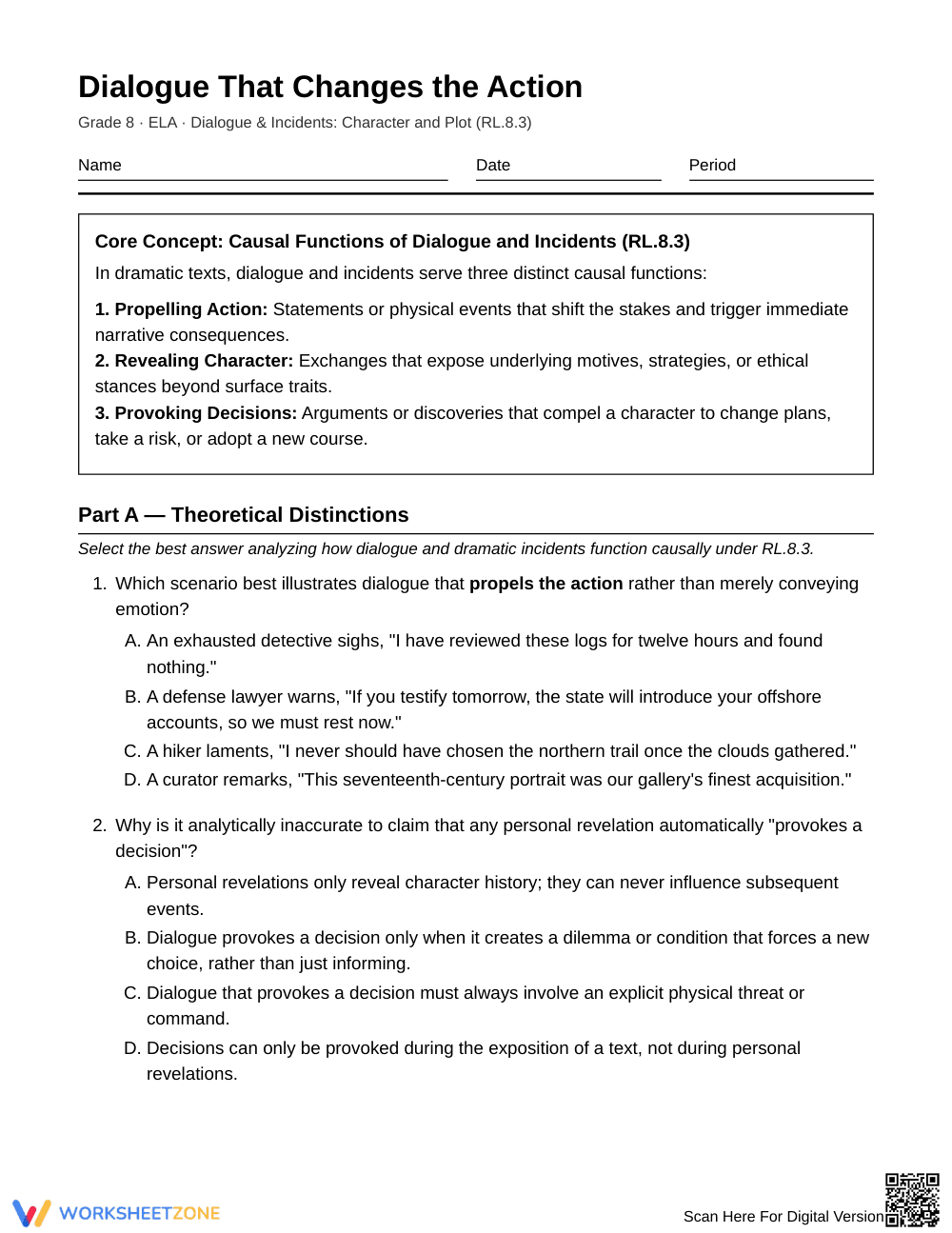 Aligned Dialogue and Action Worksheet | Grade 8 ELA - Page 1