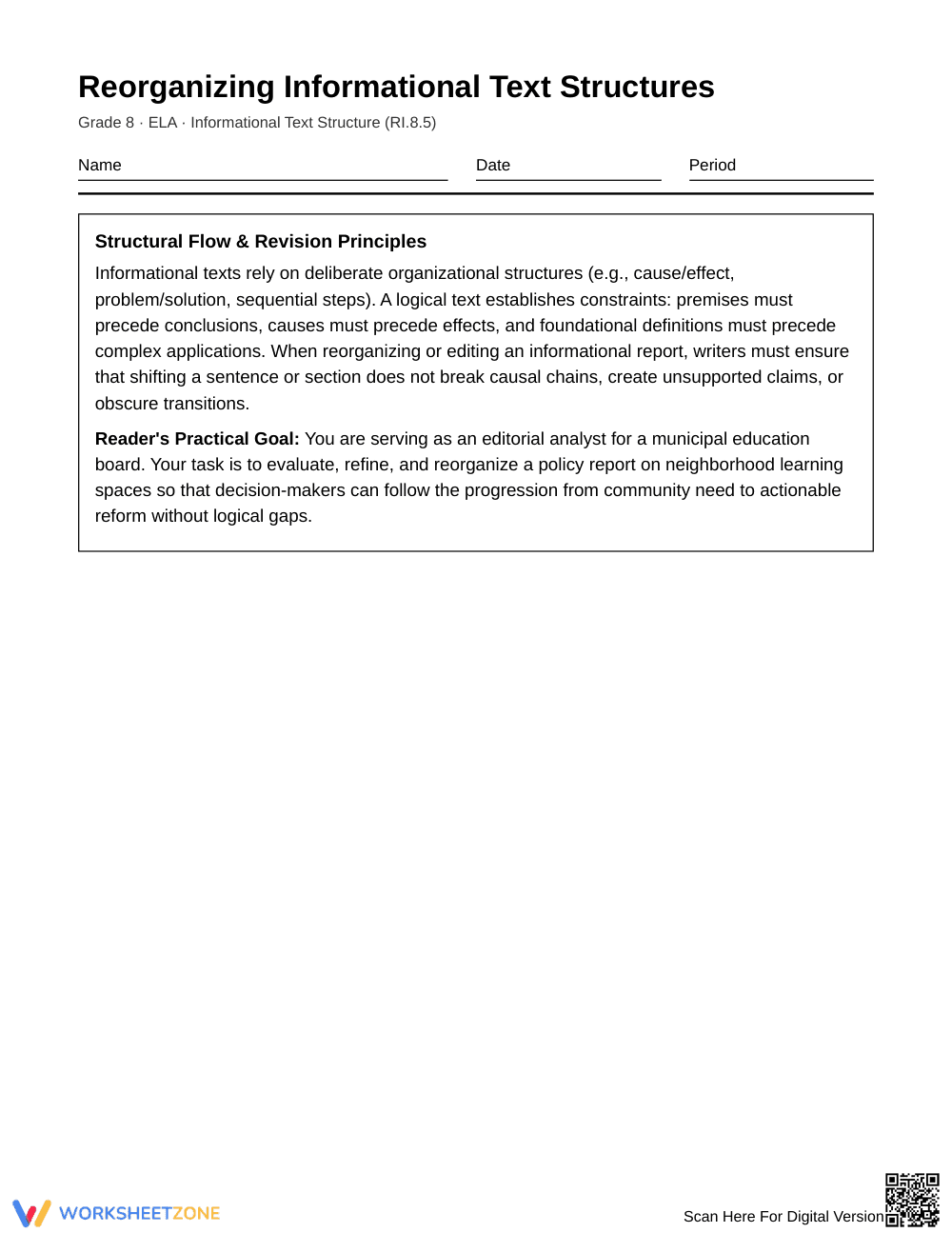 Complete Reorganizing Text Logic Worksheet | Grade 8 ELA - Page 1