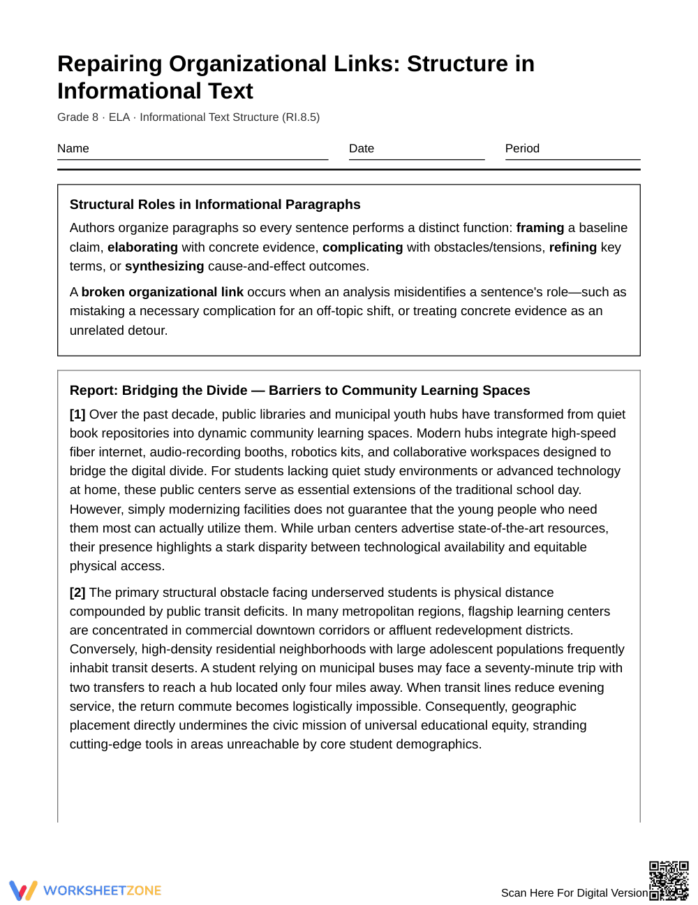 Complete Organizational Links Worksheet | Grade 8 ELA - Page 1