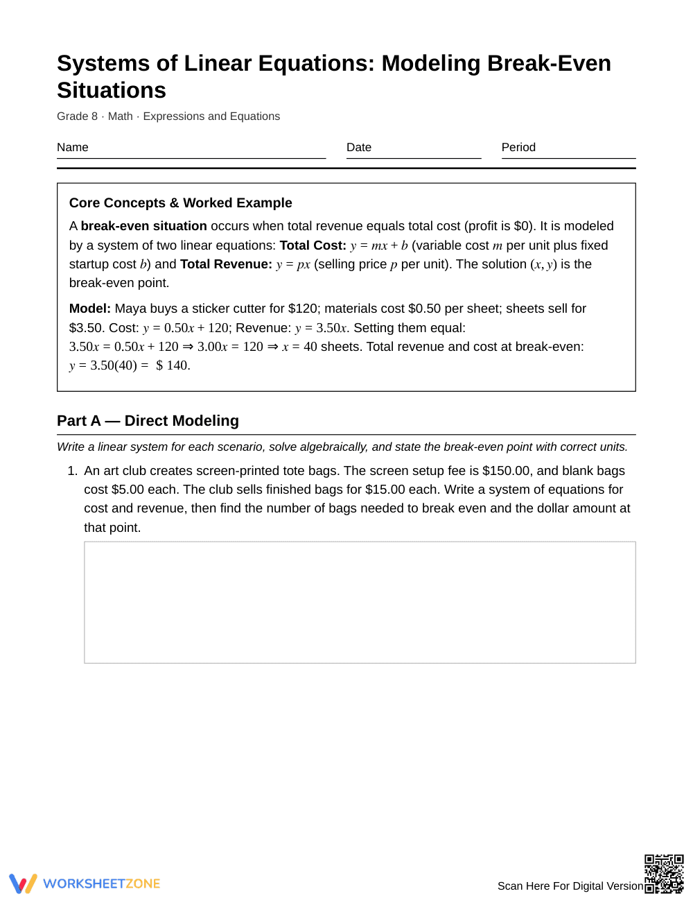 Complete Break-Even Systems Worksheet | Grade 8 Math - Page 1