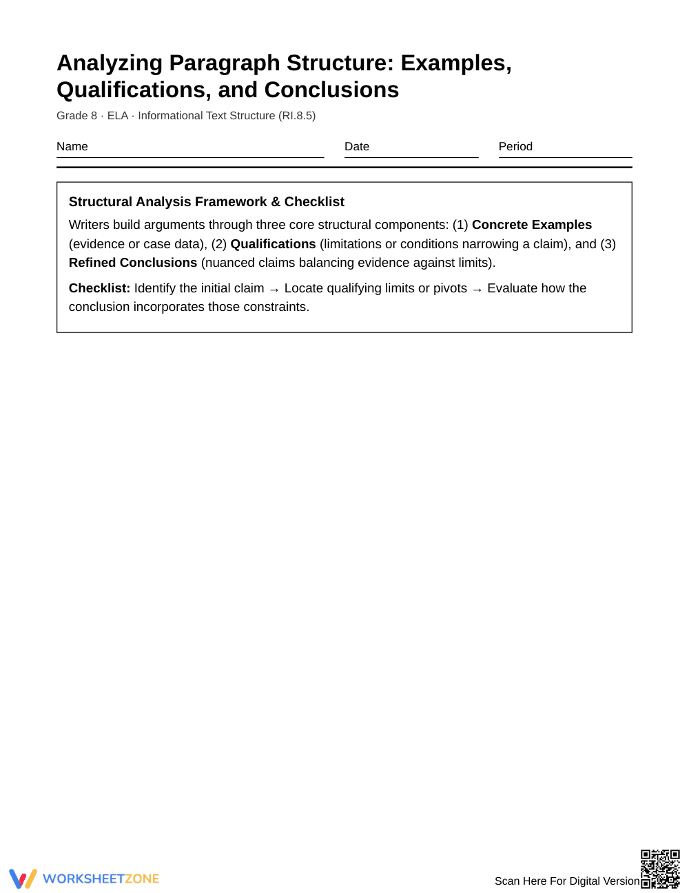 Ready Examples & Qualifications Worksheet | Grade 8 ELA - Page 1