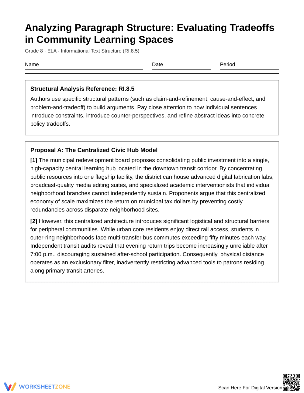 Complete Text Structure Tradeoffs Worksheet | Grade 8 ELA - Page 1