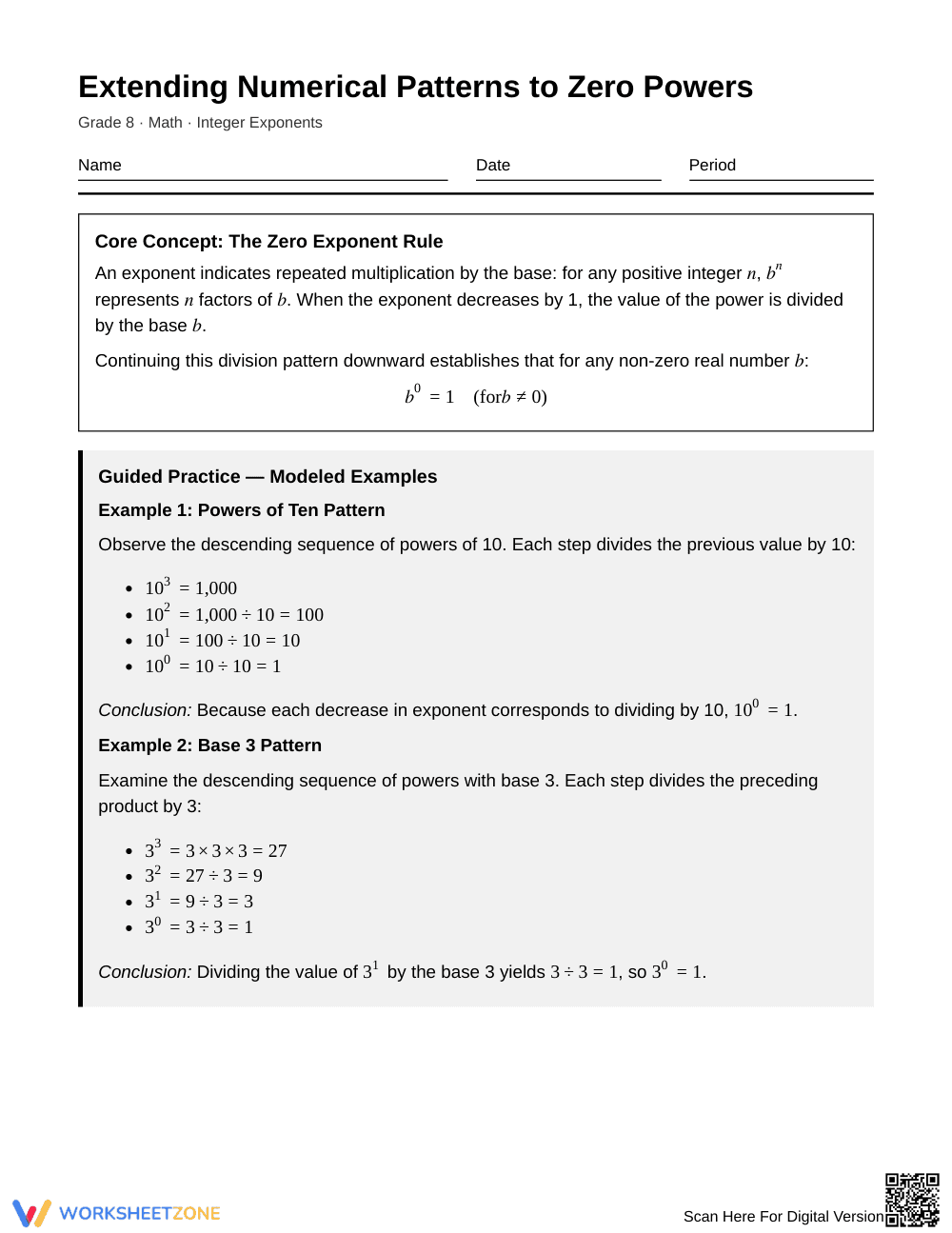 Essential Zero Powers Pattern Worksheet | Grade 8 Math - Page 1
