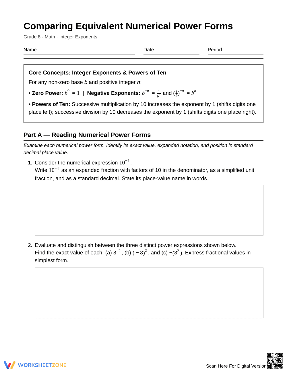 Complete Equivalent Power Forms Worksheet | Grade 8 Math - Page 1