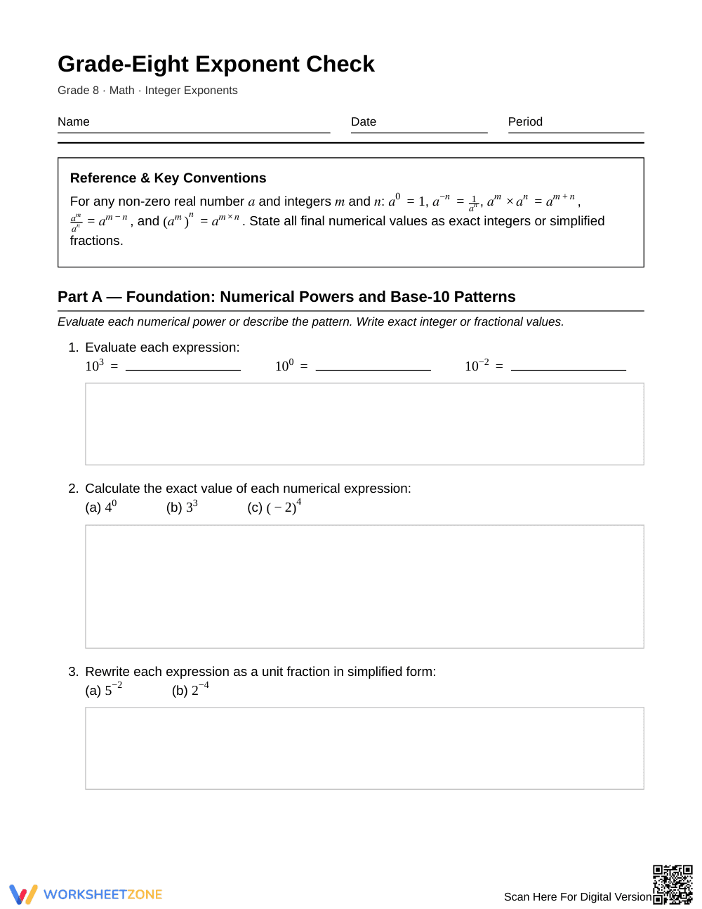 Complete Integer Exponents Worksheet | Grade 8 Math - Page 1