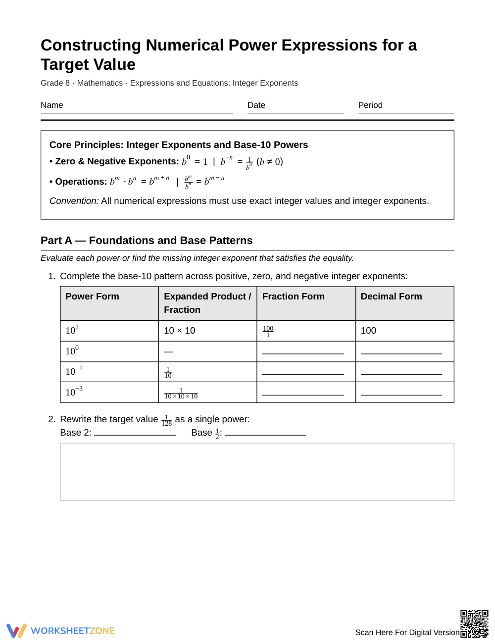 Essential Power Expressions Worksheet | Grade 8 Math - Page 1