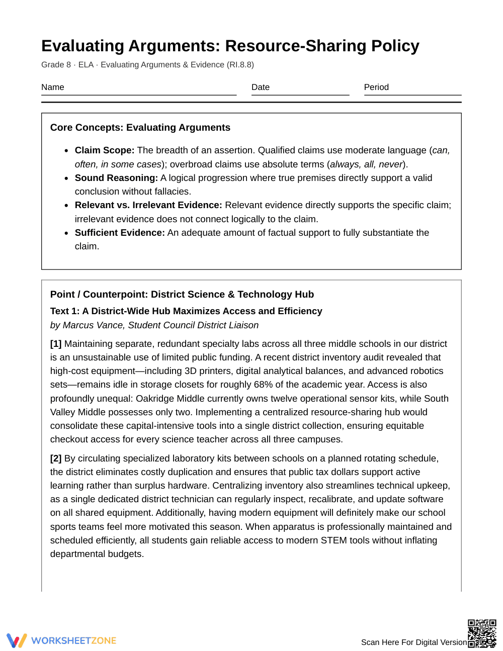 Complete Claim Scope & Reasons Worksheet | Grade 8 ELA - Page 1