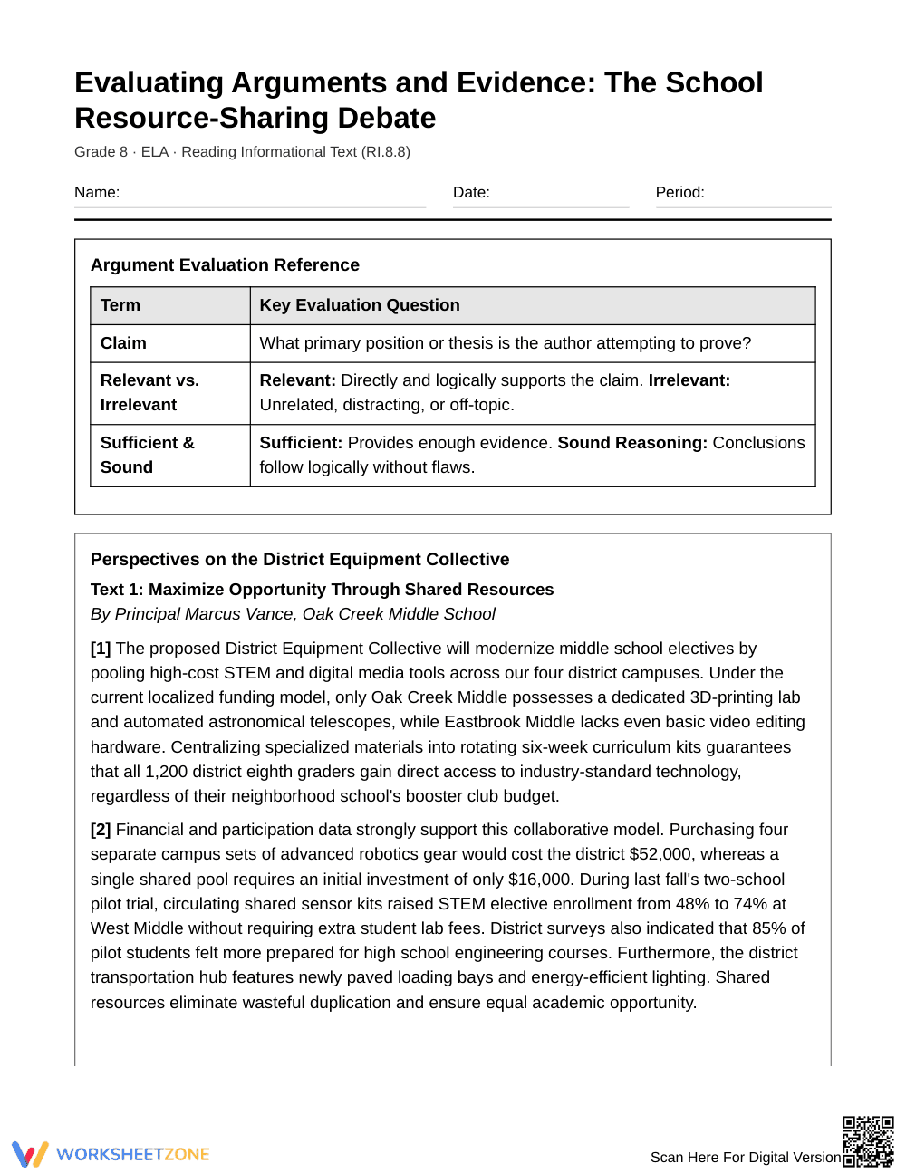 Complete Evidence Evaluation Worksheet | Grade 8 ELA - Page 1