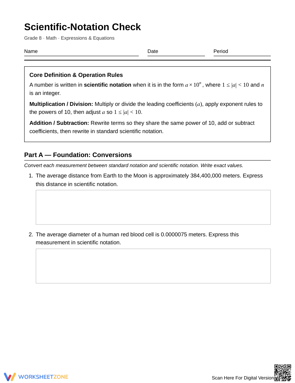 Essential Scientific Notation Worksheet | Grade 8 Math - Page 1