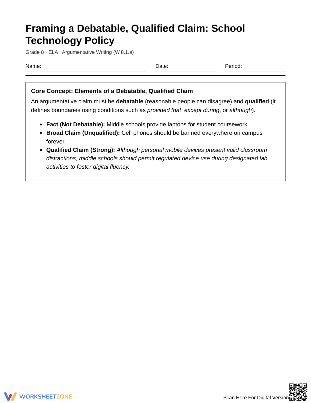Essential Debatable Claims Worksheet | Grade 8 ELA - Page 1