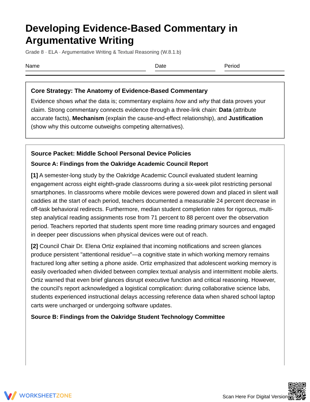 Essential Evidence-Based Commentary Worksheet | Grade 8 ELA - Page 1