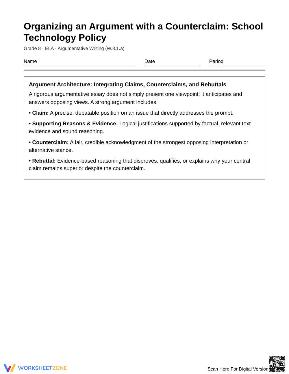 Complete Counterclaim Argument Worksheet | Grade 8 ELA - Page 1