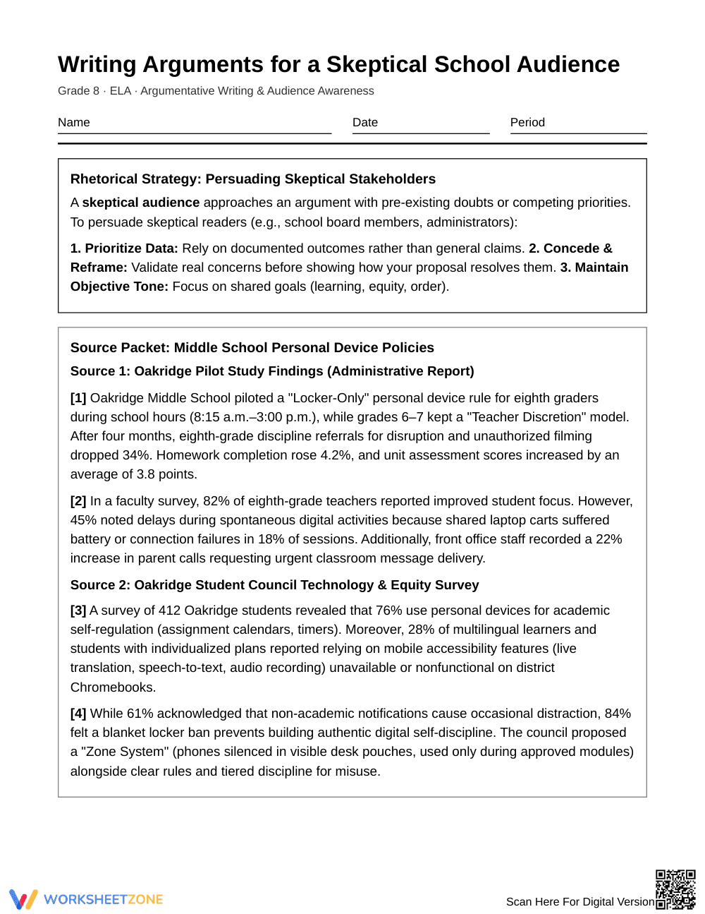 Complete Skeptical Audience Writing Worksheet | Grade 8 ELA - Page 1