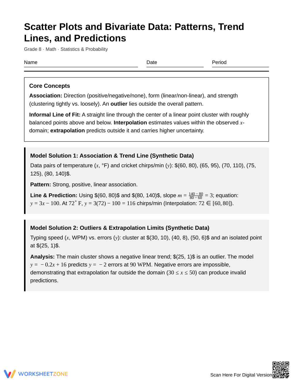 Complete Bivariate Data Worksheet | Grade 8 Math - Page 1