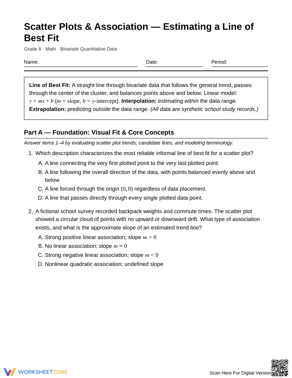 Essential Line of Best Fit Worksheet | Grade 8 Math - Page 1