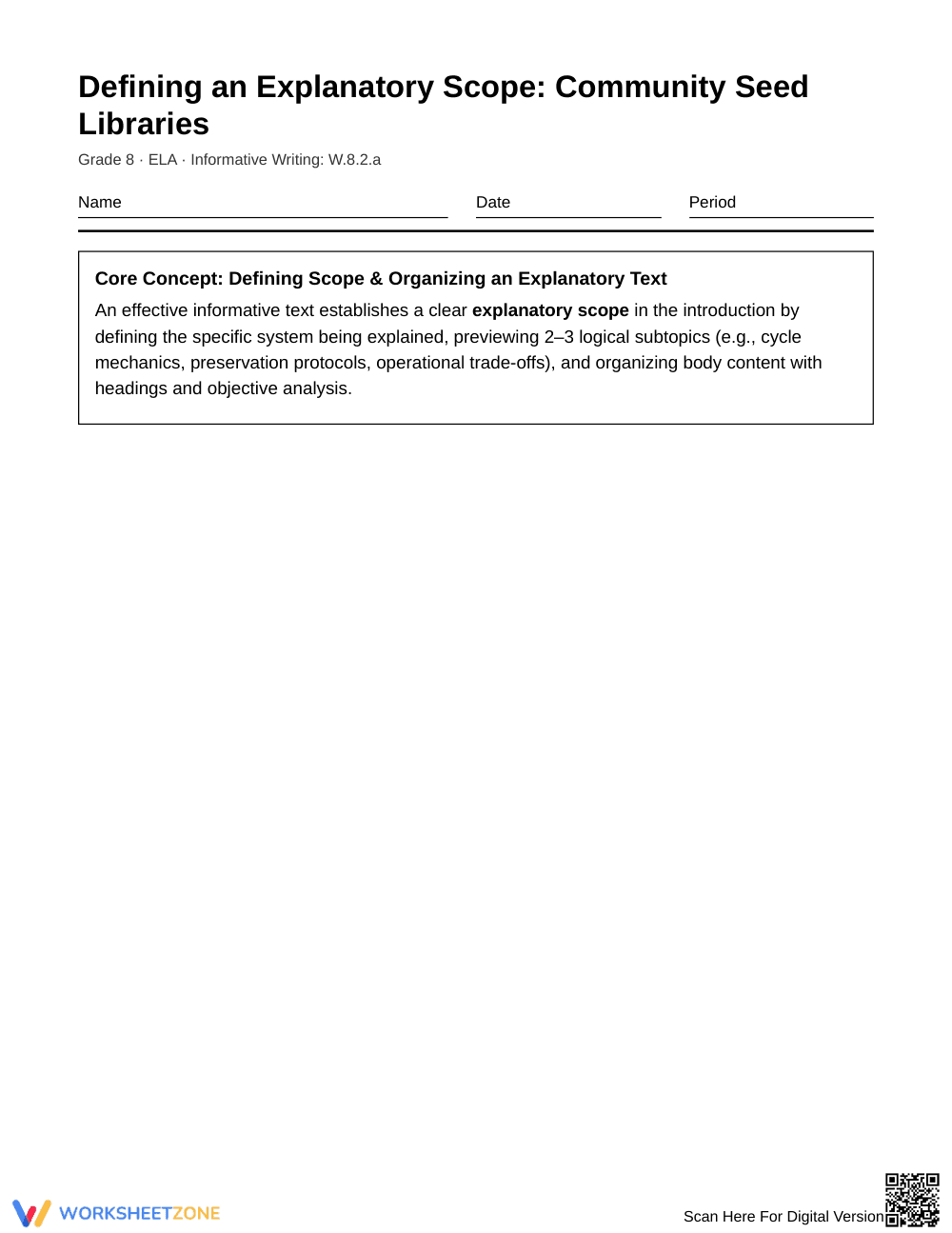 Essential Explanatory Scope Worksheet | Grade 8 ELA - Page 1