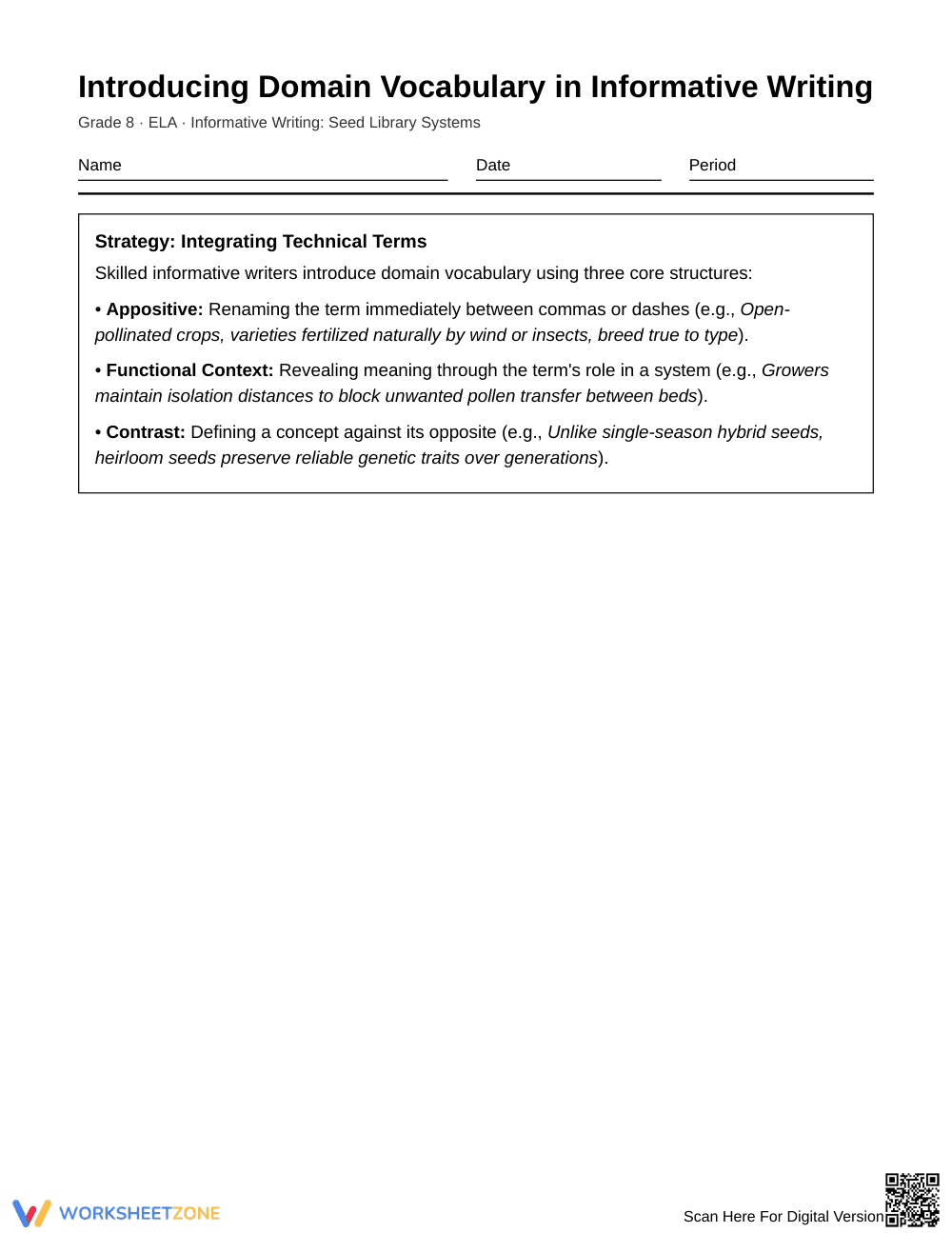 Essential Domain Vocabulary Worksheet | Grade 8 ELA - Page 1