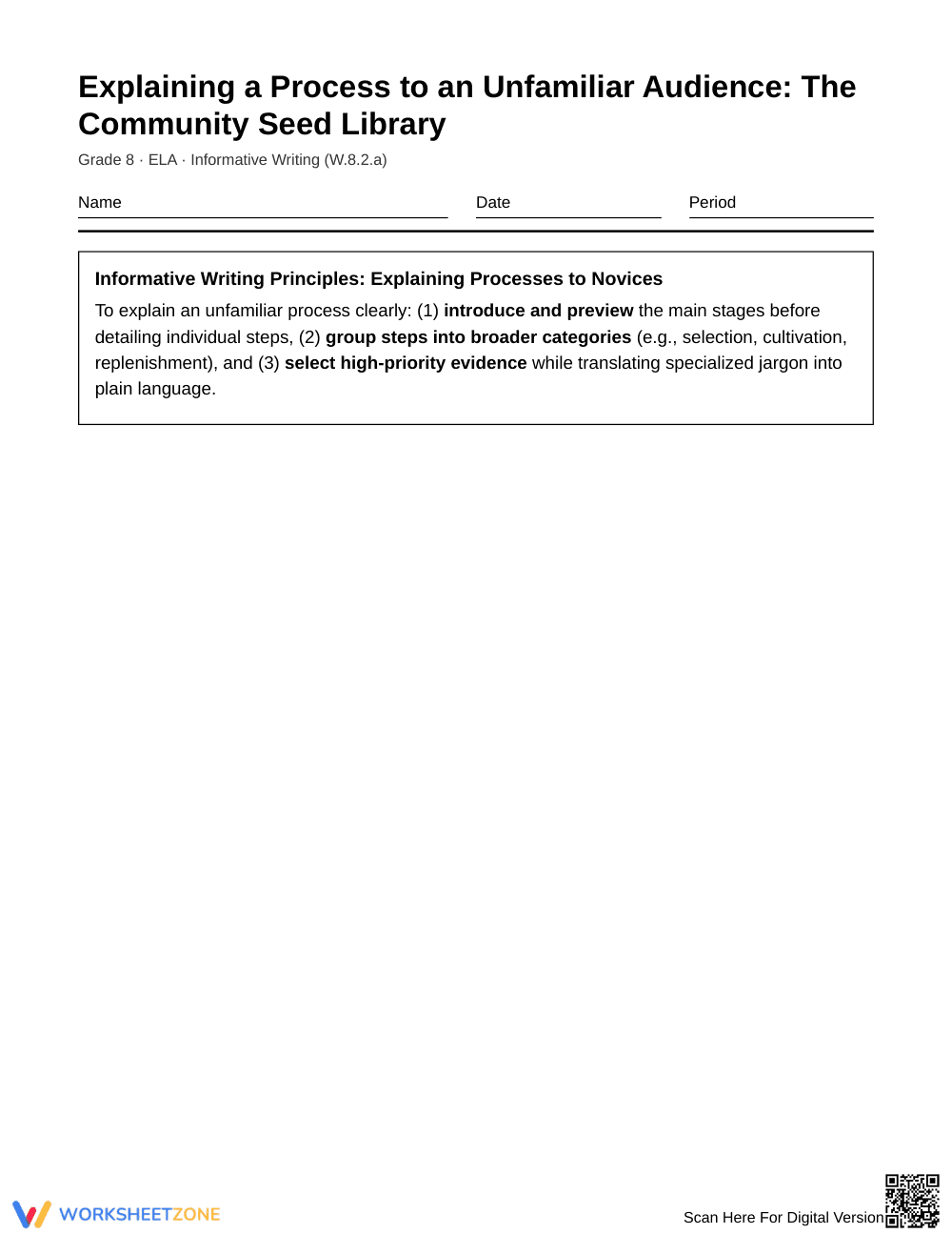 Complete Process Explanation Worksheet | Grade 8 ELA - Page 1