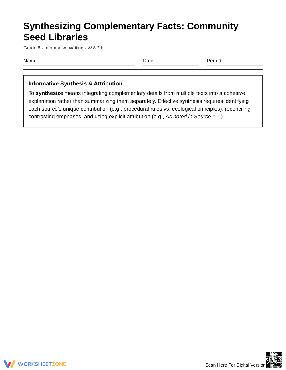 Essential Synthesizing Facts Worksheet | Grade 8 ELA - Page 1