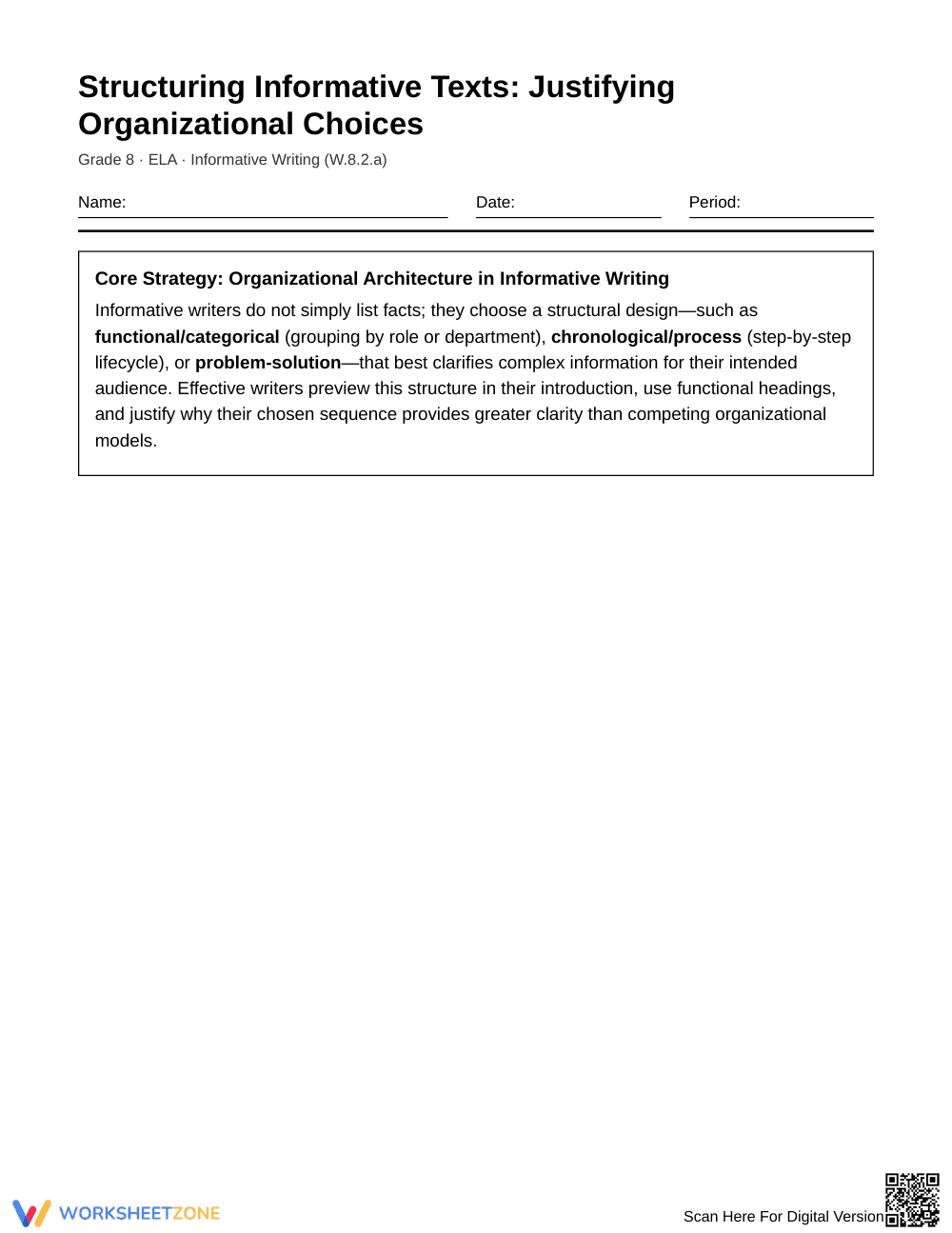 Complete Organizational Choices Worksheet | Grade 8 ELA - Page 1
