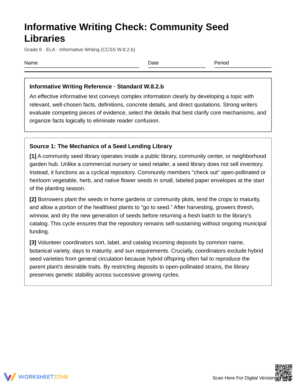 Essential Informative Writing Worksheet | Grade 8 ELA - Page 1