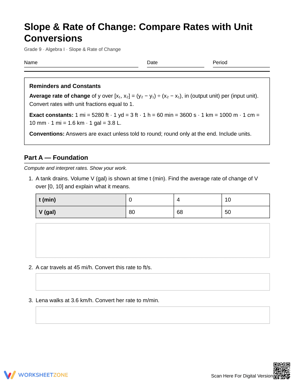 Printable Compare Rates Worksheet | Grade 9 Algebra I - Page 1