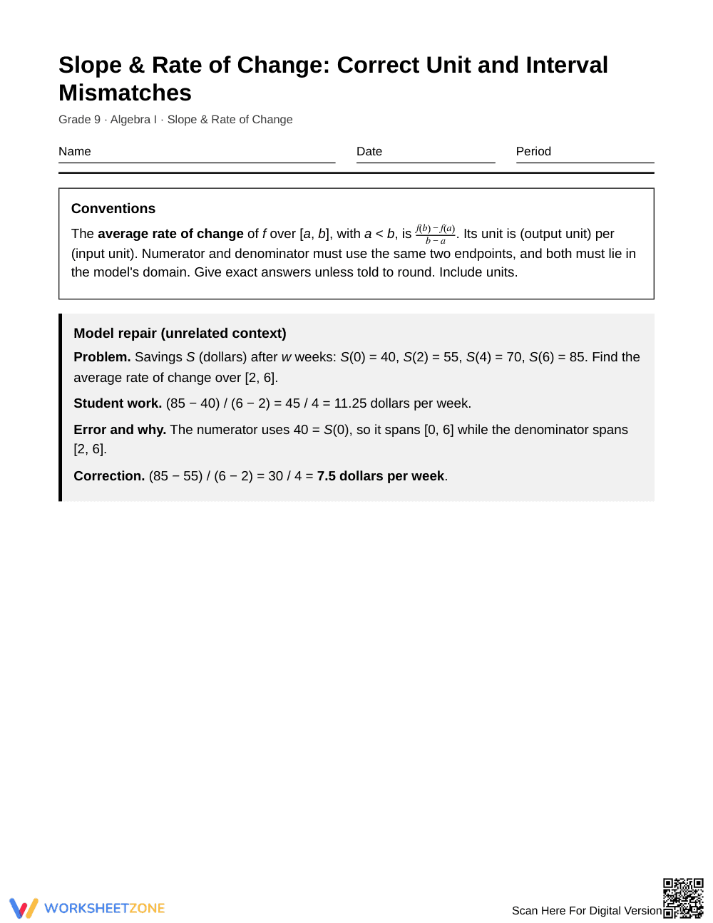 Printable Interval Mismatch Worksheet | Grade 9 Algebra I - Page 1