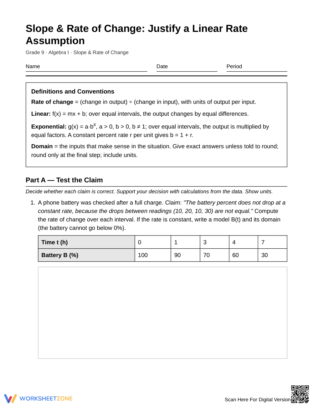 Printable Justify Linear Rate Worksheet | Grade 9 Algebra I - Page 1