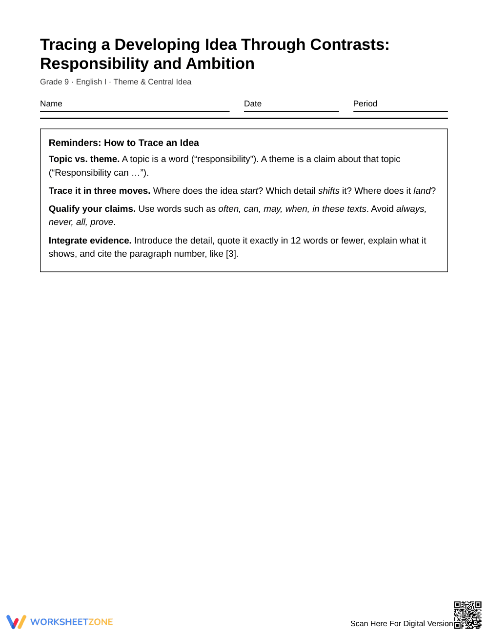 Printable Idea Contrasts Worksheet | Grade 9 English I - Page 1