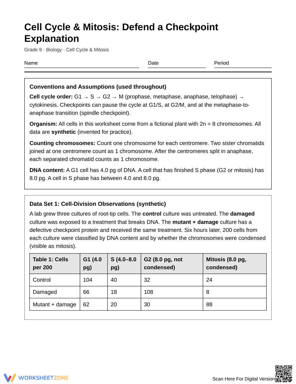 Printable Checkpoint Explanation Worksheet | Grade 9 Biology - Page 1
