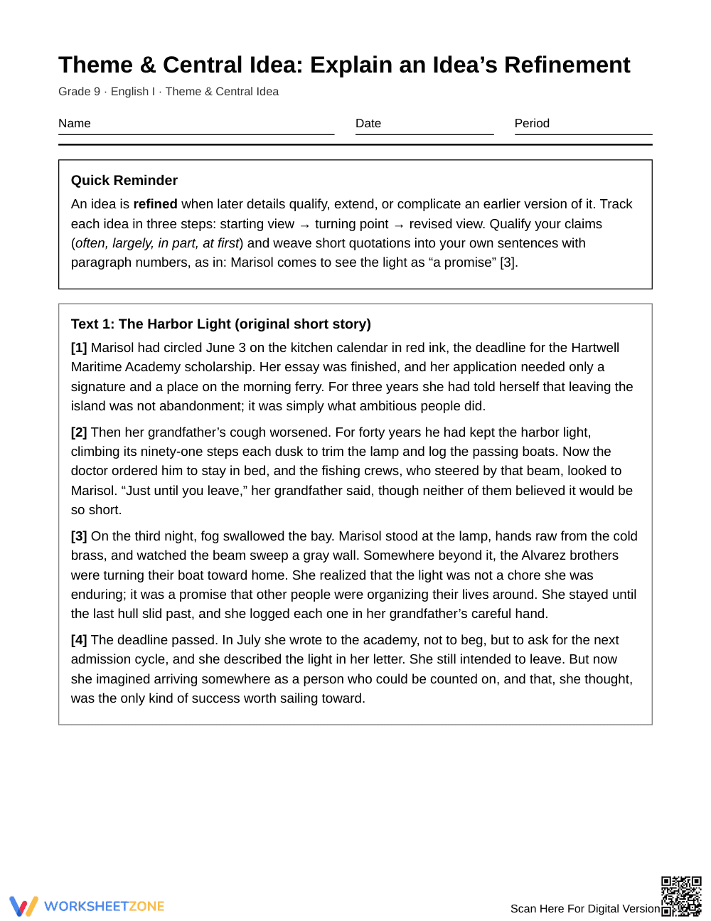 Printable Idea Refinement Worksheet | Grade 9 English I - Page 1