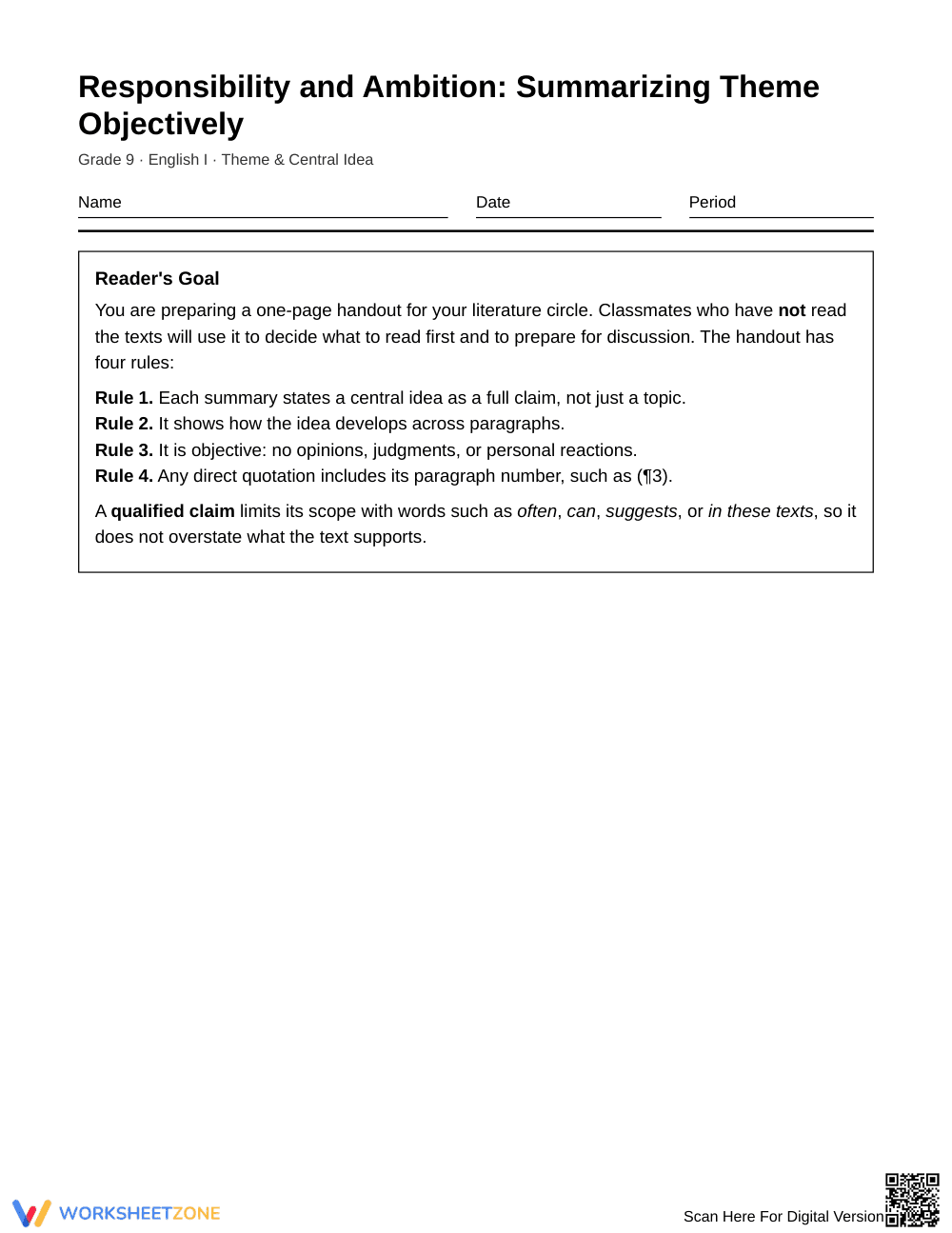 Ready Objective Summary Worksheet | Grade 9 English I - Page 1