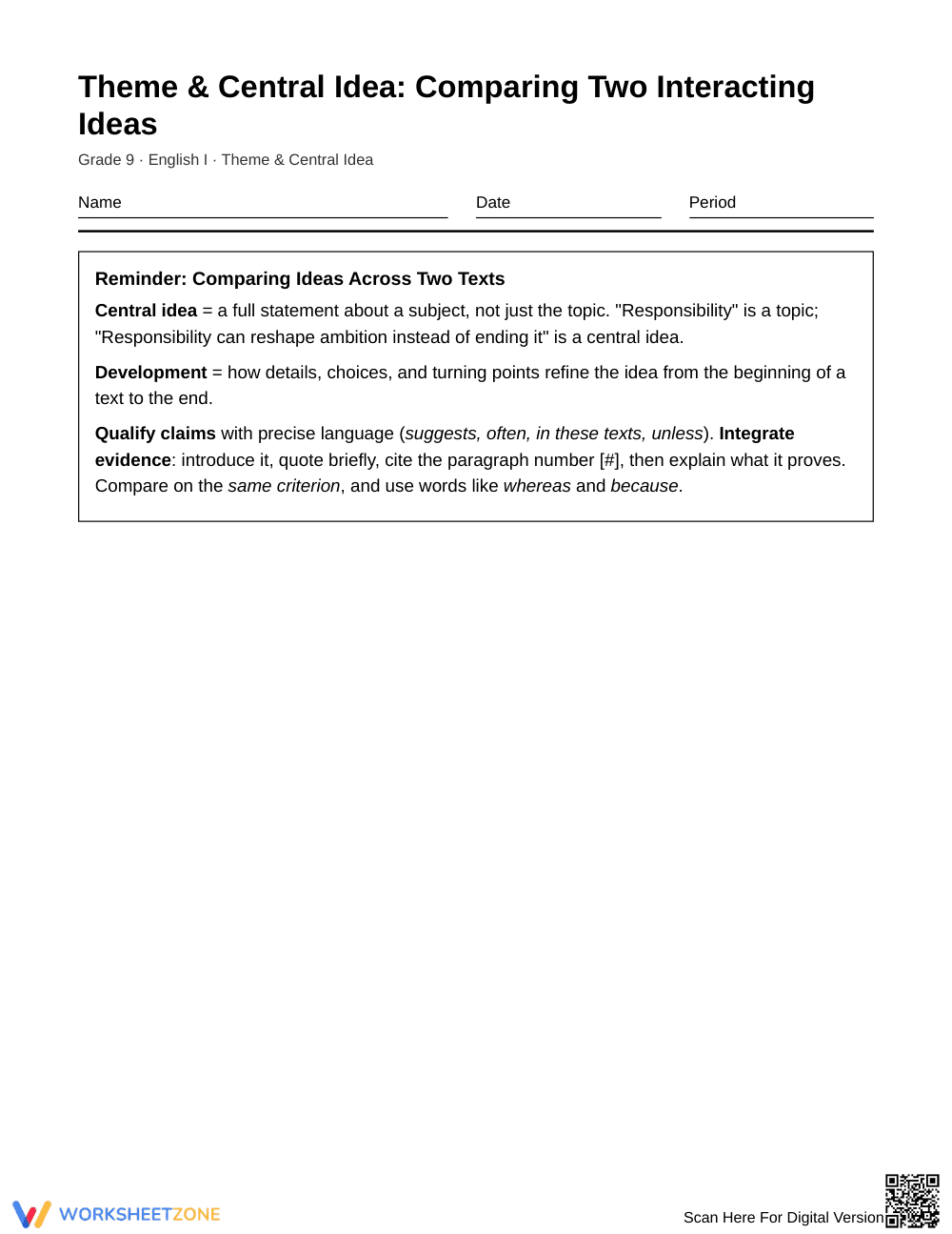 Printable Interacting Ideas Worksheet | Grade 9 English I - Page 1