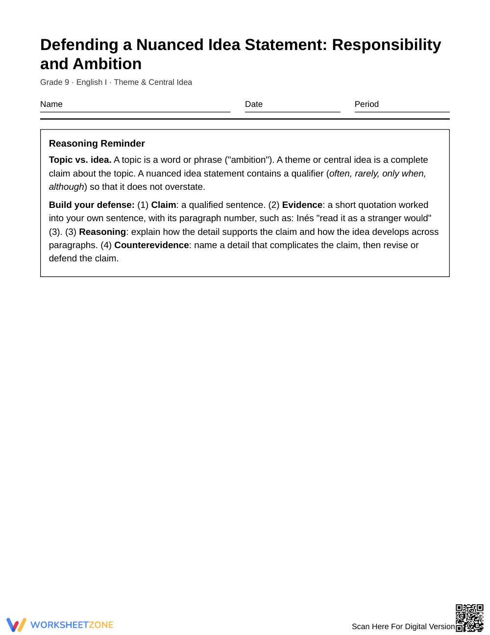 Printable Nuanced Idea Defense Worksheet | Grade 9 English I - Page 1