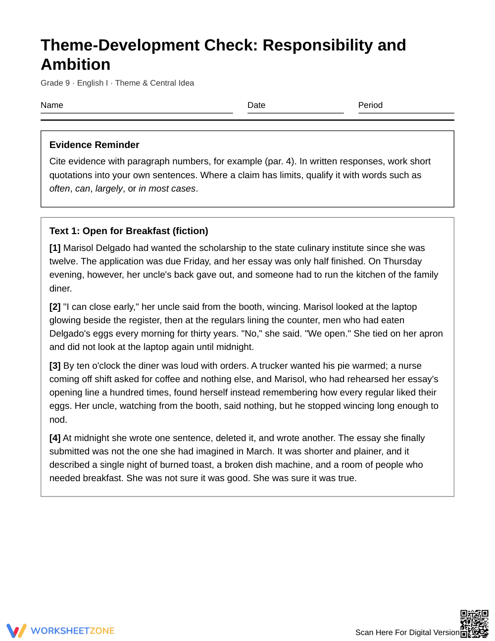 Printable Theme Development Worksheet | Grade 9 English I - Page 1