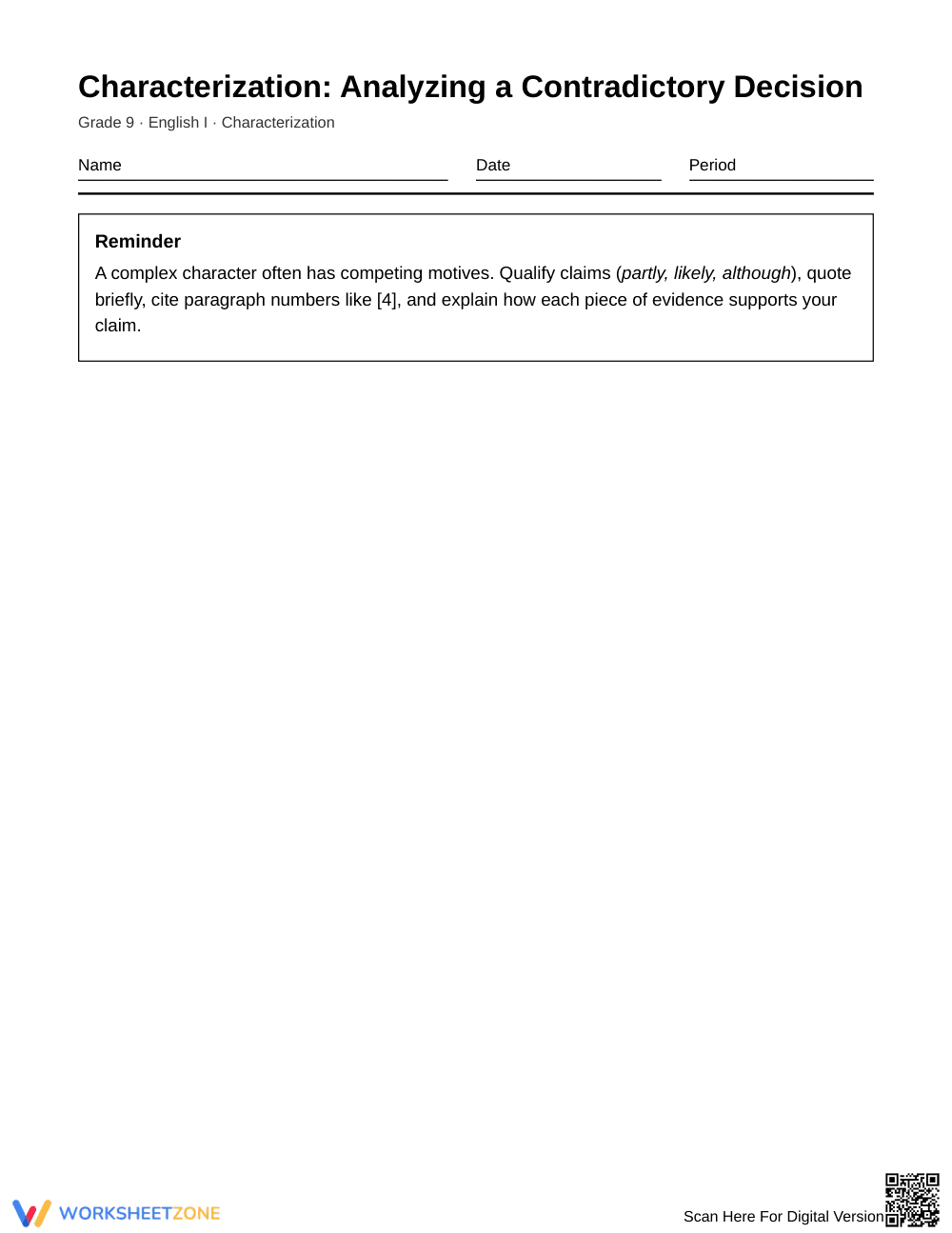 Ready Contradictory Decision Worksheet | Grade 9 English I - Page 1
