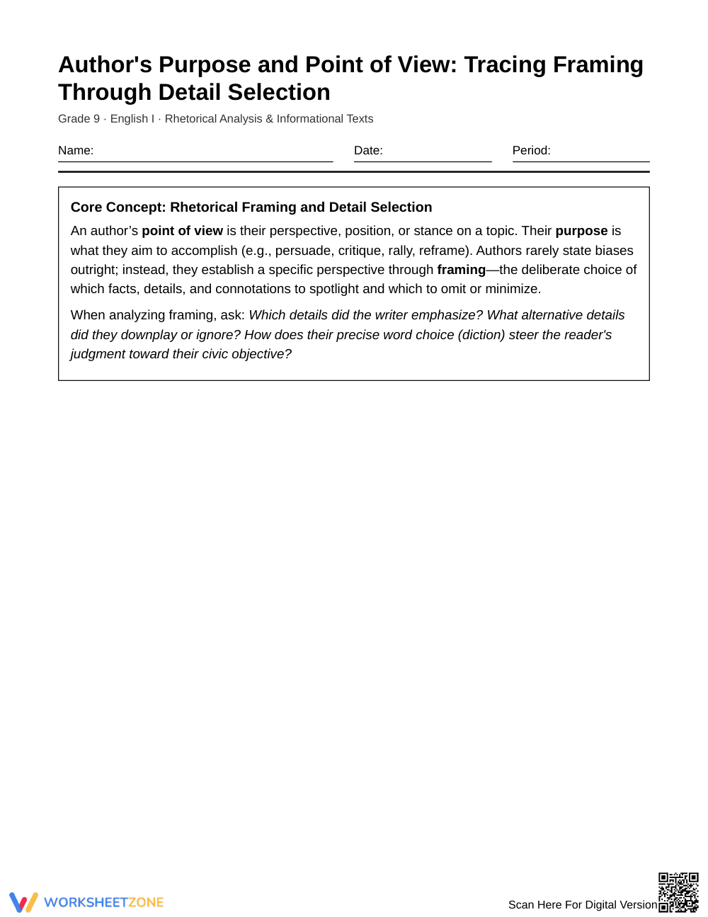 Complete Rhetorical Framing Worksheet | Grade 9 English I - Page 1