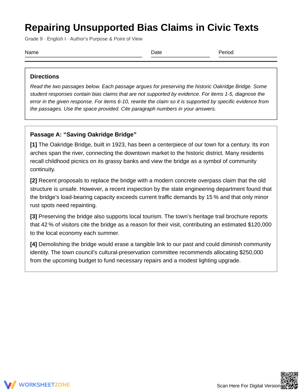 Complete Repairing Bias Claims Worksheet | Grade 9 English I - Page 1