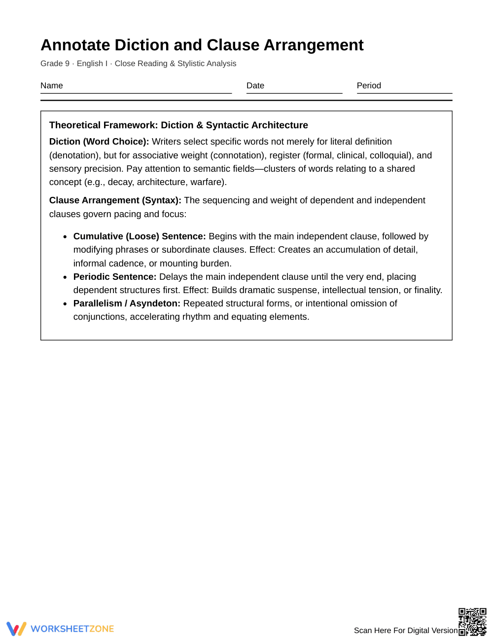 Essential Diction & Clause Worksheet | Grade 9 English I - Page 1