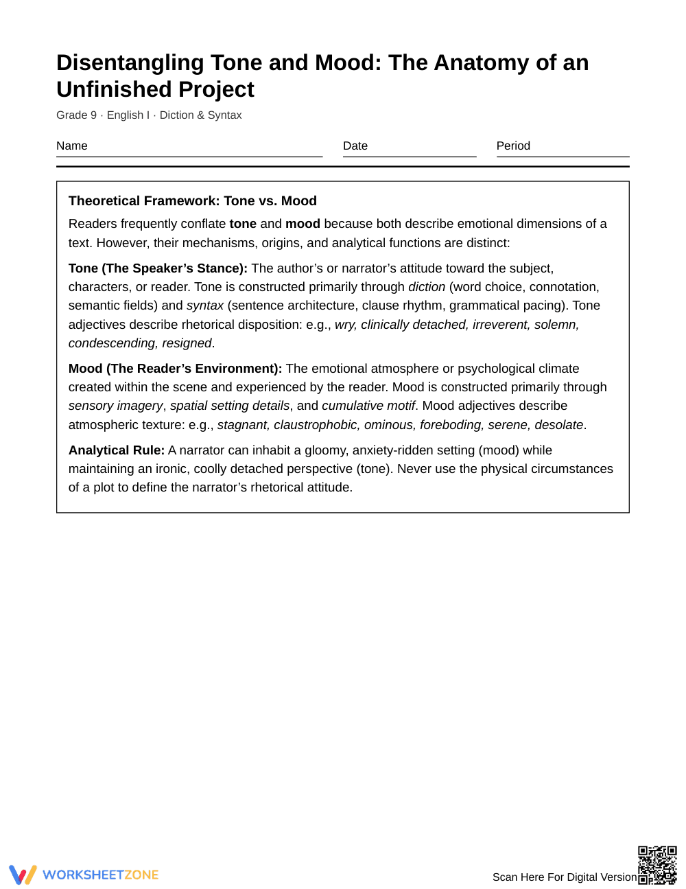 Essential Tone and Mood Worksheet | Grade 9 English I - Page 1