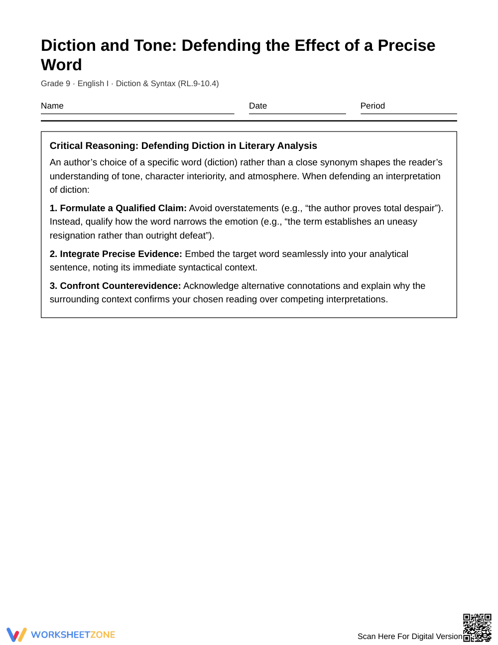 Essential Defending Diction Worksheet | Grade 9 English I - Page 1