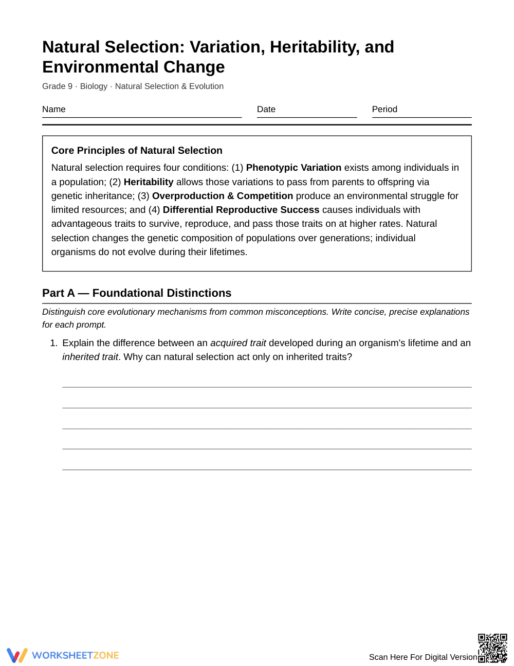 Essential Variation & Selection Worksheet | Grade 9 Biology - Page 1