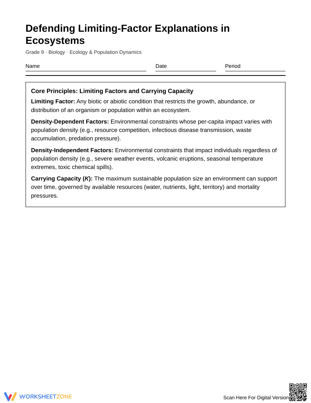 Essential Limiting Factors Worksheet | Grade 9 Biology - Page 1