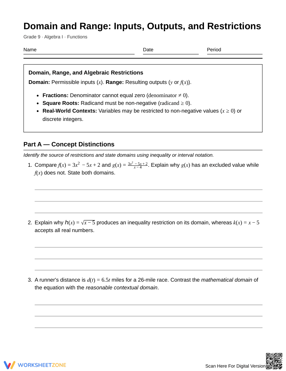 Complete Domain Restrictions Worksheet | Grade 9 Algebra I - Page 1