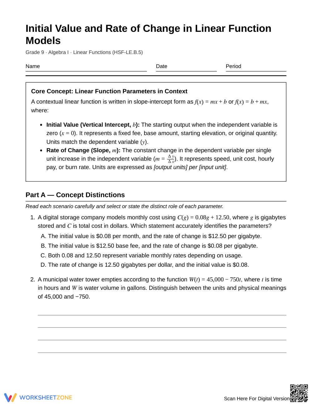 Complete Initial Value & Rate Worksheet | Grade 9 Algebra I - Page 1