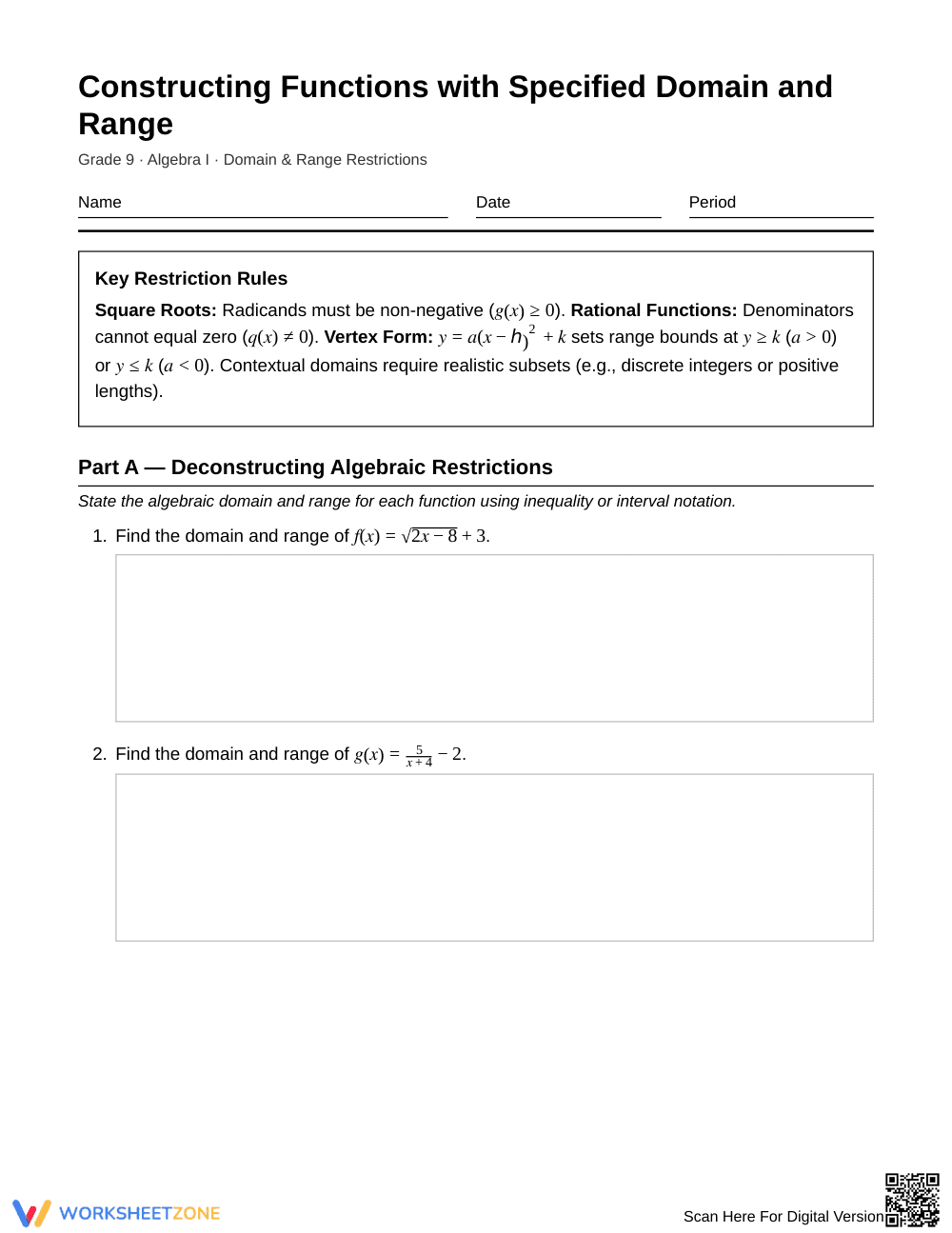 Ready Function Domain & Range Worksheet | Grade 9 Algebra I - Page 1