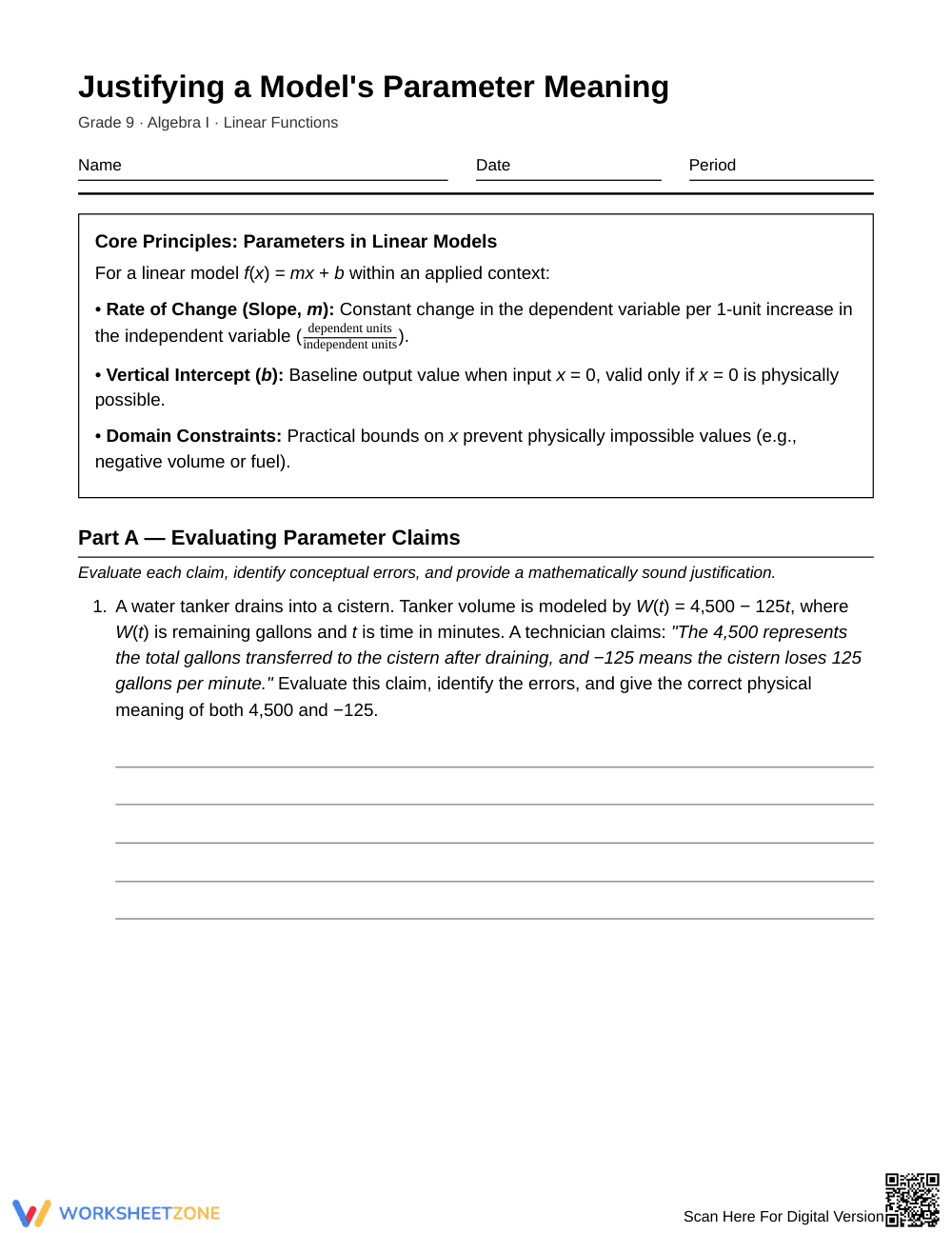 Essential Model Parameters Worksheet | Grade 9 Algebra I - Page 1